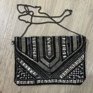 Atmosphere Womens Beaded Shoulder Bag Black Gold Silver One Size Flap Zip Chain